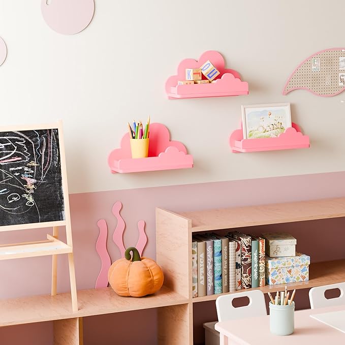 Beskadi Cloud Shelves for Kid’s Room Nursery Wall Deor Set of 3, Pink Cloud Bookshelf, Small Figure Shelf Wall Mounted, Cute Decorative Solid Wood Floating Shelves for Toys, Plants & Storage