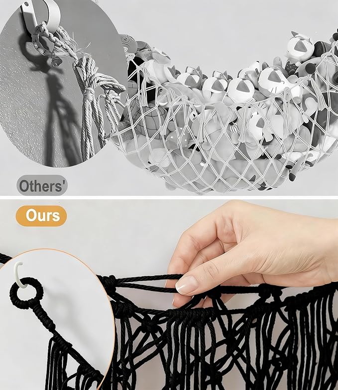Stuffed Animal Net Hammock, Premium Cotton Hand-Knitted Plush Hammock, Save Space Eliminate Clutter Boho Stuffed Animal Storage for Nursery, Bedroom Decor, playrooms - Black