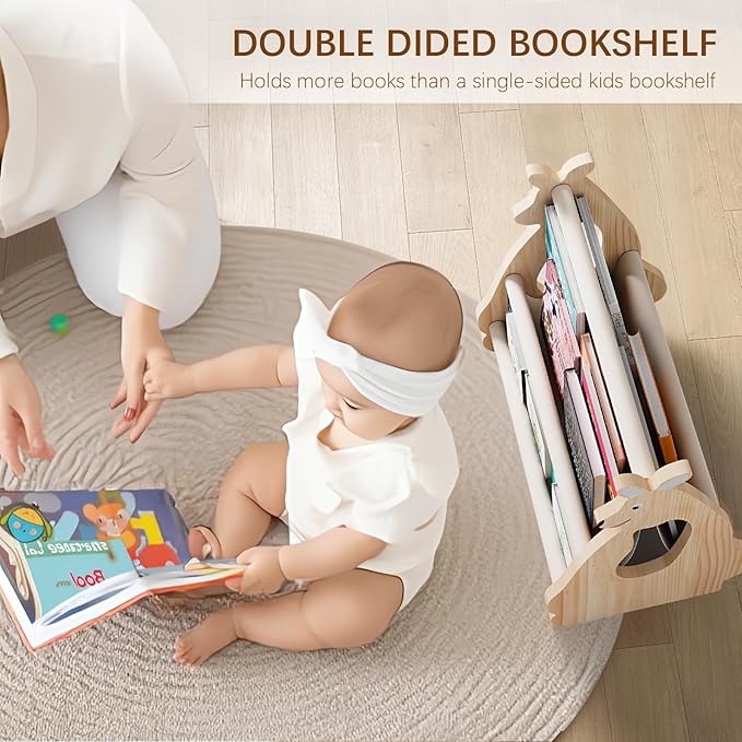 Lullulii Double Sided Kids Bookshelf –2 Tier Portable Toddler Bookshelf,Book Shelf for Kids Rooms & Playroom,Wooden Montessori Baby Bookshelf,Toddler Book Display Shelves (Nature, Kangaroo)