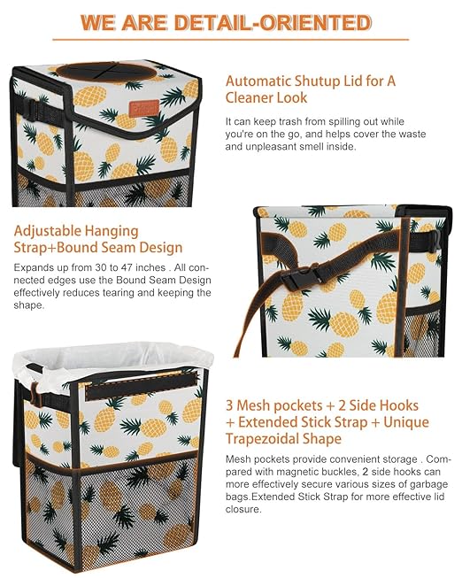 Car Trash Can with Lid, Cute Leakproof Car Trash Garbage Bag Hanging Vehicle Trash Bin Small Portable Automotive Garbage Cans Organizer for Back/Front Seat(Trapezoid,Pineapple Print