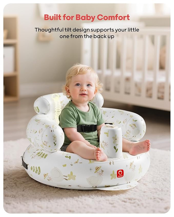QPAU Inflatable Baby Seat with Safety Harness for Babies 3 Months & Up, Baby Floor Seats for Sitting Up, Baby Seats for Infants, Blow Up Baby Chair with Built in Air Pump (Flowers)