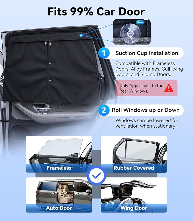 Nmoiss [2026 Upgraded] Car Window Shades for Baby [Blocks 100% UV & Harsh Sunlight] (2 Pack) Double Layer Side Window Curtains Roll Windows Down Privacy Full Covers/Half Shade Options Medium