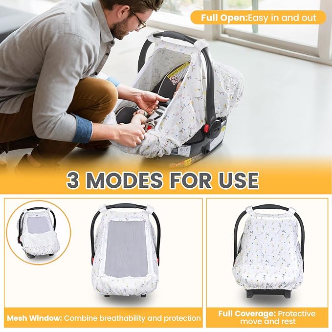 Orzbow Cotton Baby Car Seat Cover, Breathable Car Seat Canopy for Girls Boys with Mesh Window, Lightweight Baby Carrier Cover for Wind, Dust, Sun and Insects Protection, Universal Fit, White