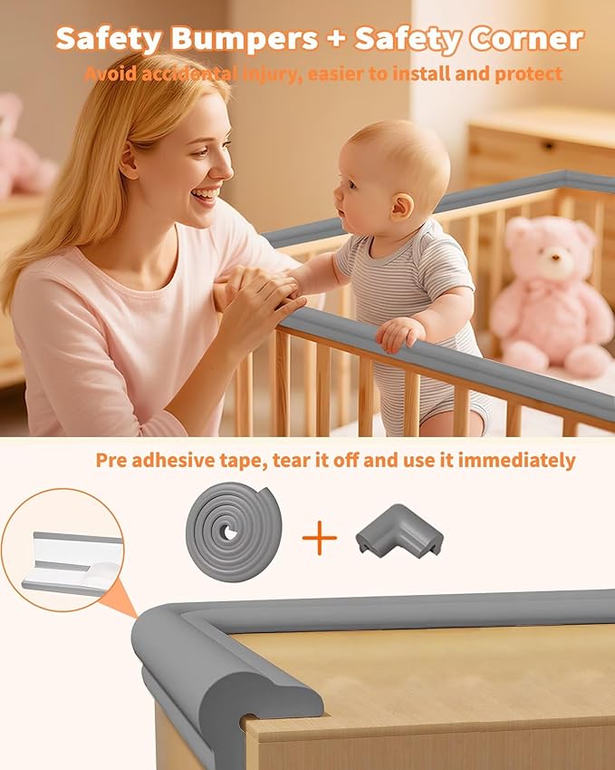 QYV Edge Protector for Baby Proofing, 6.6FT 0.67’’Th L-Shape Air Buffering Soft NBR Rubber Foam Furniture Edge Bumper Guards with 6 Corners, Pre-Taped, Thick Table Bumper Guard for Babies (Grey)