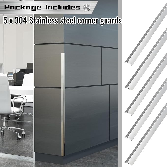 Therwen 5 Pcs 1 x 1 x 48 Inches 304 Stainless Steel Corner Guards Metal Wall Guard Protector Corner Trim Molding for Door Countertop Furniture Cabinet Protection