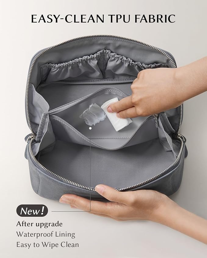 EACHY Travel Makeup Bag, Large Capacity Cosmetic Bag for Women, Waterproof PU Leather, Flat Open Portable Toiletry Bag for Skincare, Brushes & Travel Essentials