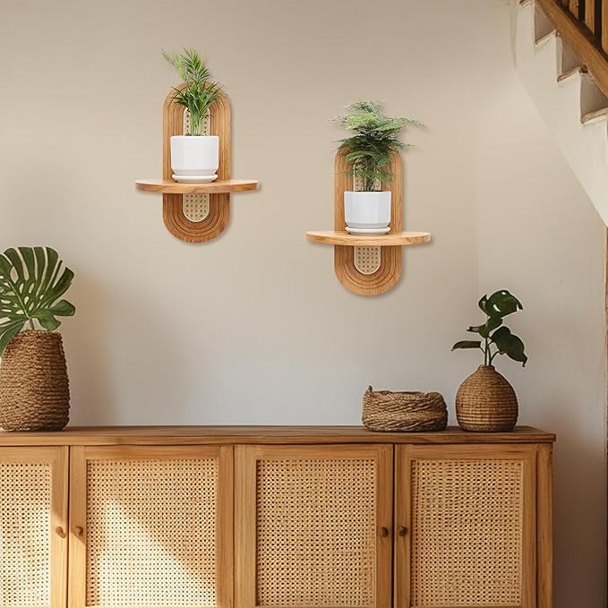 Floating Shelves for Wall, Boho Home Wall Decor,Rattan Plant Shelf Set of 2, Mid Century Small Decorative Shelf, Natural Wood Shelves for Living Room,Bedroom,House,Office (Natural)