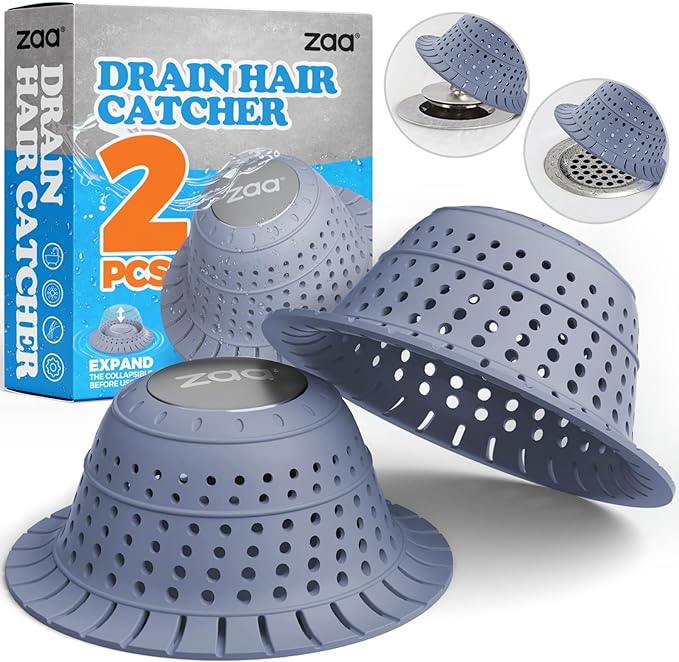 zaa Bathtub Drain Hair Catcher, Premium Silicone Collapsible 2 Pack Drain Protector for Pop-Up & Regular Drains of Shower, Bathtub, Tub, Bathroom, Sink, Blue