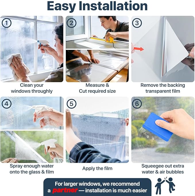 Bloss One Way Privacy Window Film, Privacy Film for Glass Windows One Way Mirror Window Film for House Window Tint Heat Blocking Anti UV Reflective Dichroic Windows Film(17.7" x 118", Silver)