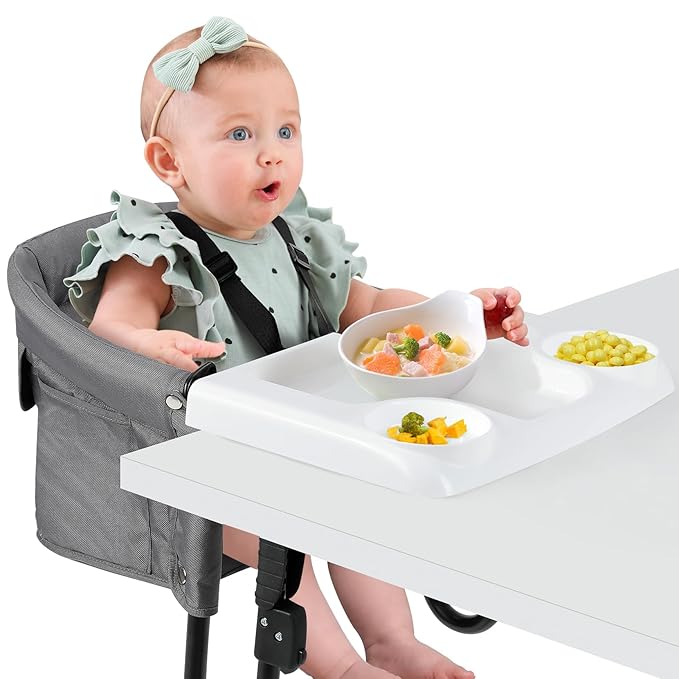 Ezebaby Hook on High Chairs, Secure Clip on High Chair for Baby, Compact Fold-Flat for Easy Storage, Fast Table Chair with Baby Seat, Portable Highchair Attaches to Table for Travel, Grey, with Tray