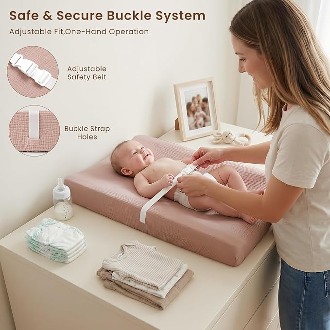 Konssy Muslin Changing Pad with Waterproof Lining Foam, Includes 2 Pack Soft & Cotton Cover, Baby Diaper Changing Pad for Dresser or Table, 32x16 inches (Vintage Petals, Taupe)