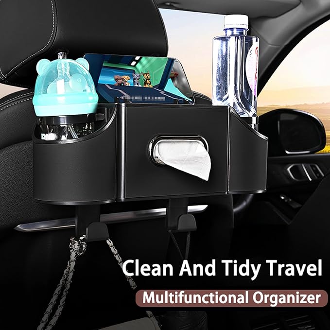 Back Seat Car Organizer,4 in 1 Multifunctional Car Back Seat Storage Box with Drink Cup Holder Tissue Box, for Hold Phone,Snacks, Drinks, Handbag-Black-2Packs