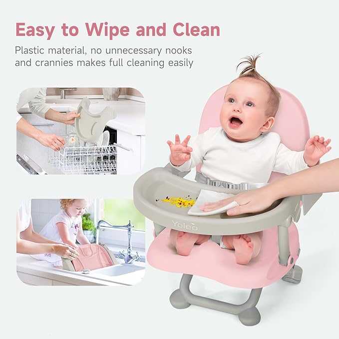 YOLEO Baby High Chair Booster Seat for Dining Table, Foldable High Chairs with Adjustable Heights, Travel Booster Seat with Removable Tray
