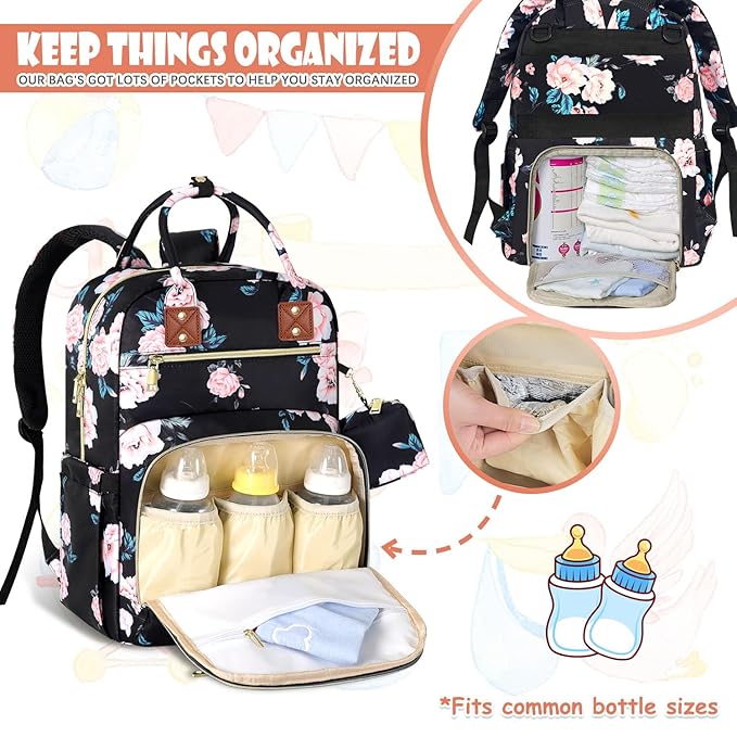 Tenot Baby Diaper Bag Backpack, Travel Diaper Bags for Girl Boy Large Capacity Baby Bag Backpack for Women Black Floral