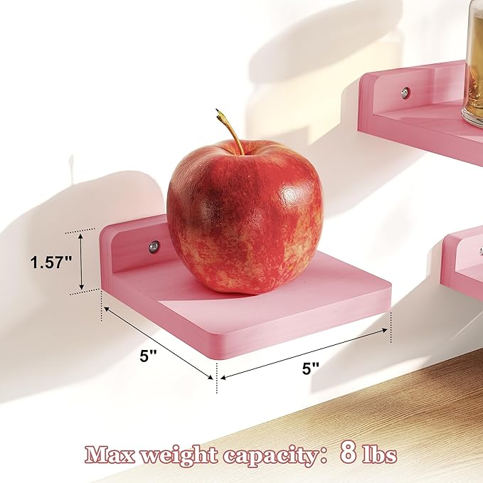 SRIWATANA Small Floating Shelves Wall Mounted, Wood Shelf for Decoration and Storage Set of 4, Mini Display Shelf for Bedroom, Bathroom, Kitchen, Office (Pink, 5 inch)