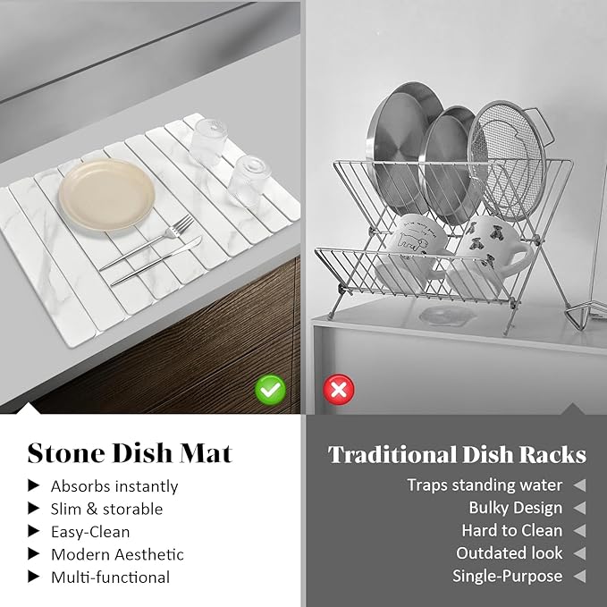 Large Stone Dish Drying Mats for Kitchen Counter, 24"(L)×16"(W) Fast Drying Collapsible Dish Drying Mat, Eco-Friendly Absorbent Diatomaceous Earth Mats for Dishes Bottles Cups, Marble-Pattern