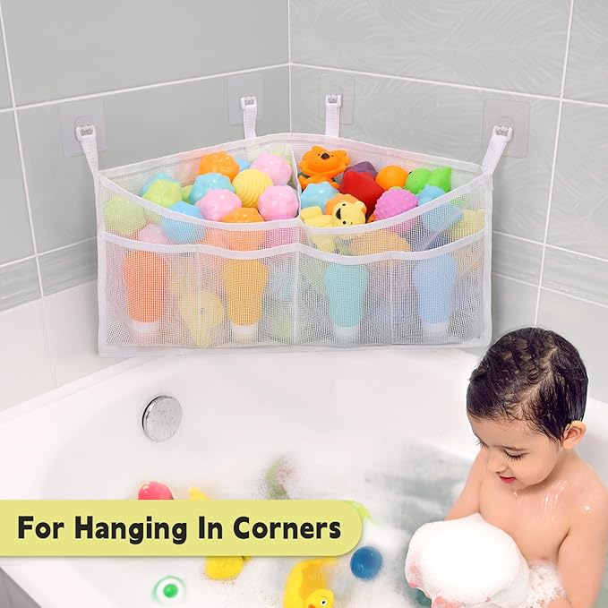 Goowin Bath Toy Organizer, Triangle Corner Bath Toy Storage, Quick Access Bath Toy Holder for Bathtub, Large Capacity Bath Storage for Toys, Quick Dry Mesh Bath Toy Holder for Hanging, White