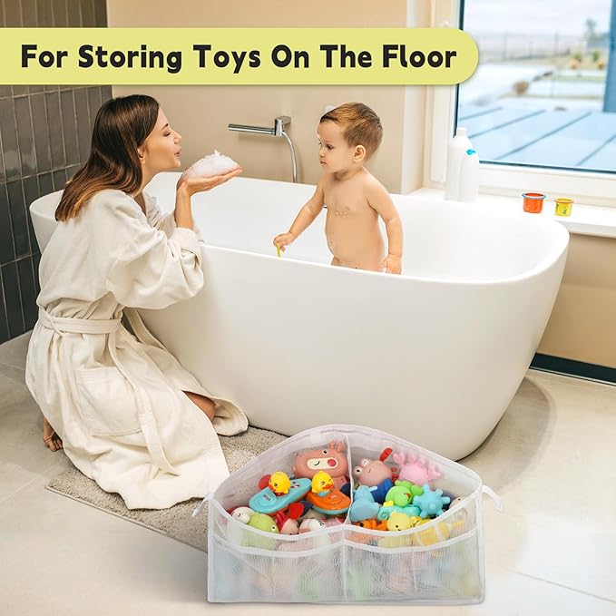 Goowin Bath Toy Organizer, Triangle Corner Bath Toy Storage, Quick Access Bath Toy Holder for Bathtub, Large Capacity Bath Storage for Toys, Quick Dry Mesh Bath Toy Holder for Hanging, White
