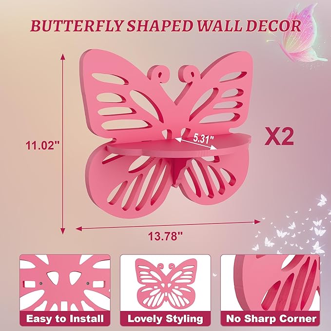 2-Tier Butterfly Wall Shelf - Nursery Decor Pink Floating Corner Shelves, Cute Wall Display Rack Bookshelf for Kid’s Room, Solid Wood Hanging Hollow Out Shelf for Toys, Plants and Decorations Storage