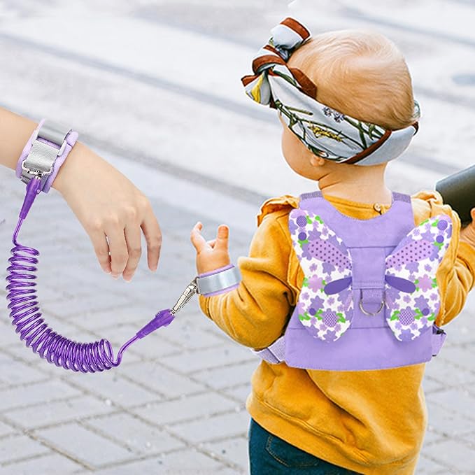 Toddler Harness Leash + Anti Lost Wrist Link, Accmor Kids Butterfly Harnesses with Children Leashes, Cute Baby Leash Walking Assistant Wristband Strap Tether for Girls Outdoor (Purple)