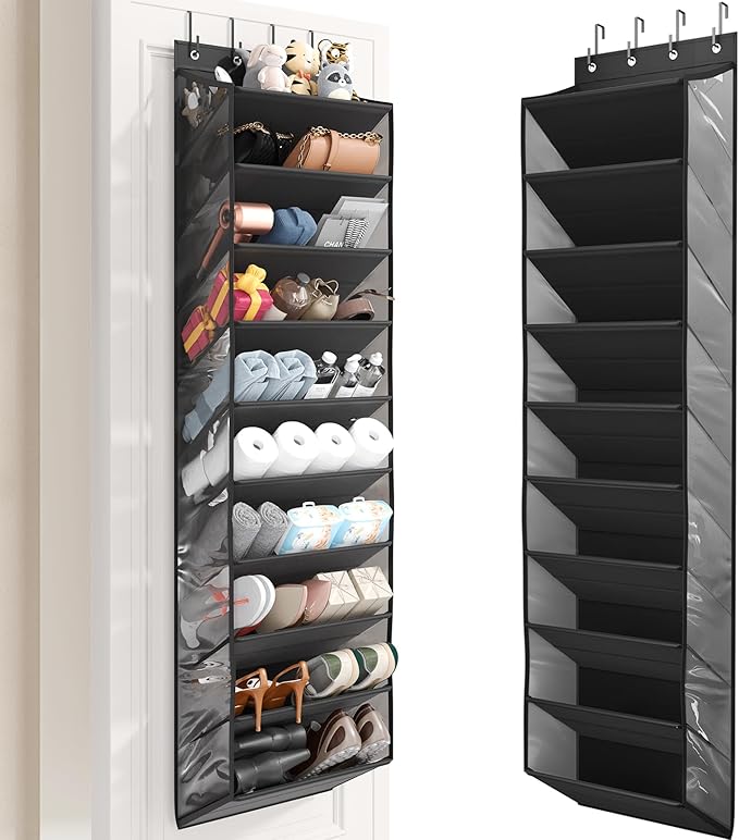 Mefirt 10 Tier Clear Over the Door Shoe Organizer with Deep Pockets, Door Shoes Rack with Hard Tube to Keep the Shape, Hanging Shoe Rack for Closet Organizers & Storage, Behind Door Shoe Holder Black