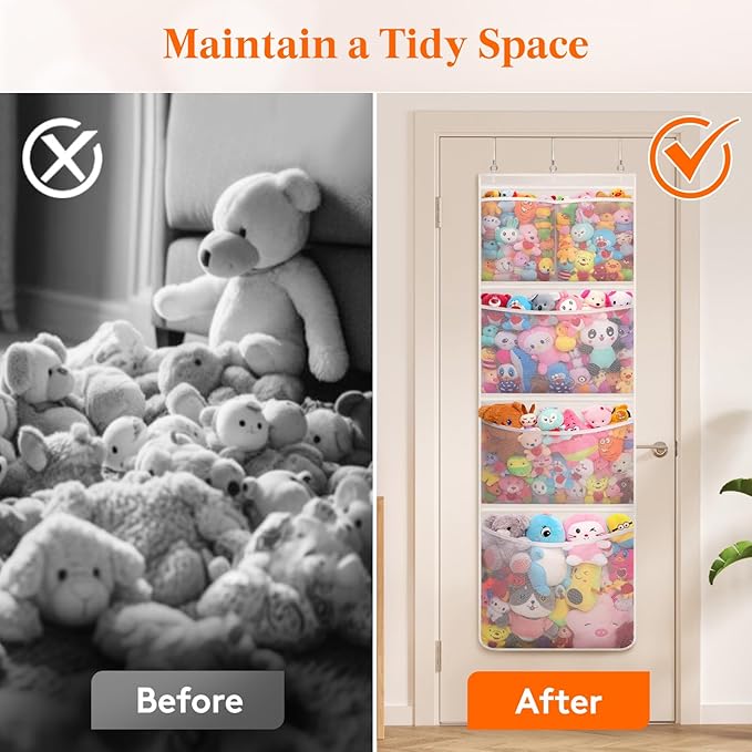 Lifewit Stuffed Animal Storage, Over the Door Organizer with 5 Expandable Mesh Pockets, Breathable Oxford Fabric Hanging Kid Baby Plush Toy Holder for Nursery, 167 cm (65.8'') High, White, 1 Pack