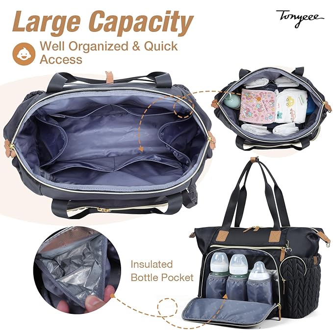Tonyeee Diaper Bag Tote, Large Diaper Bags Waterproof, Hospital Bag for Labor Delivery, Baby Bag with Pacifier Case, Travel Diaper Tote with Changing Pad, Black