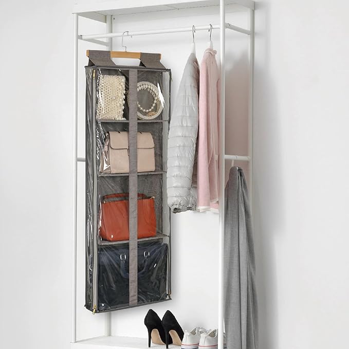 JINOKADI Clear Hanging Handbag Storage Organizer with Zippers, Door Purse Organizer Space Saving 4 Pockets for Closet Bedroom Living Room (Brown)