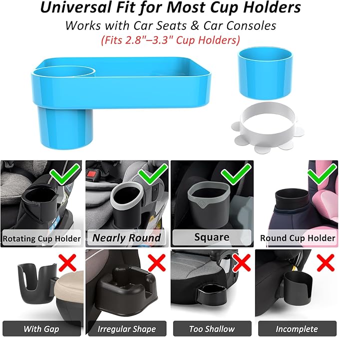 Car Seat Snack Tray for Kids, Mess-Free Square Travel Tray Cup Holder Snack Tray, Durable Car Food Tray for Toddlers, Universal Fit Kids Travel Road Trip Essentials (Sky Blue)