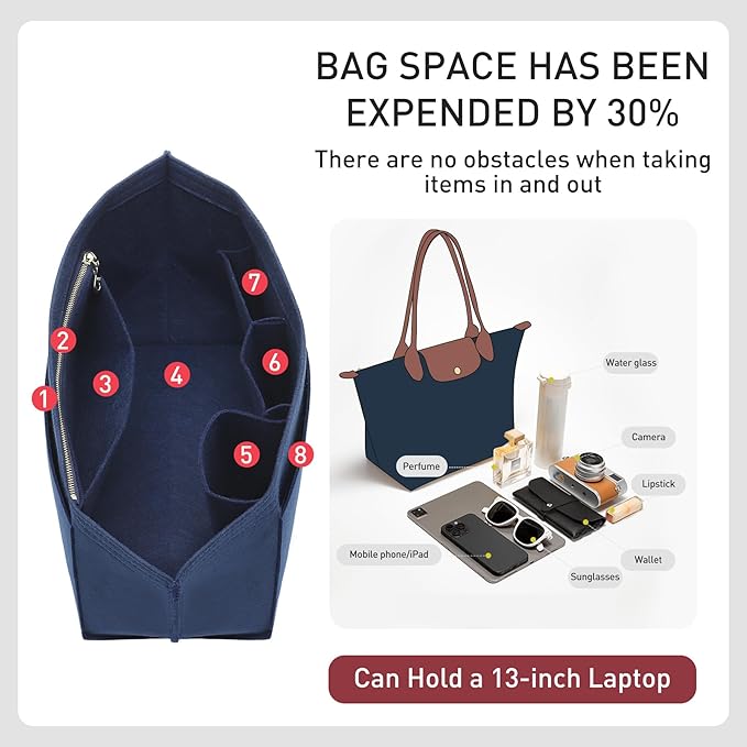 Felt Purse Organizer Insert Compatible with Longchamp Le Pliage L Tote & M Handbags, Zipper Bag Organizer Insert with Cup Holder for Women Bags Shaper Divider, 8 Compartments (Blue,L)
