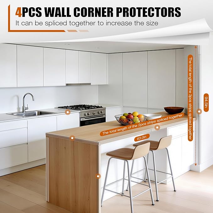 4 Pack Wall Corner Protector 31.5'', Self Adhesive Corner Protectors for Walls, Easy to Install Edge Guard Strip for Furniture Cabinet Shelf Drywall Baseboard Desk, 31.5in x 1.18in, Clear