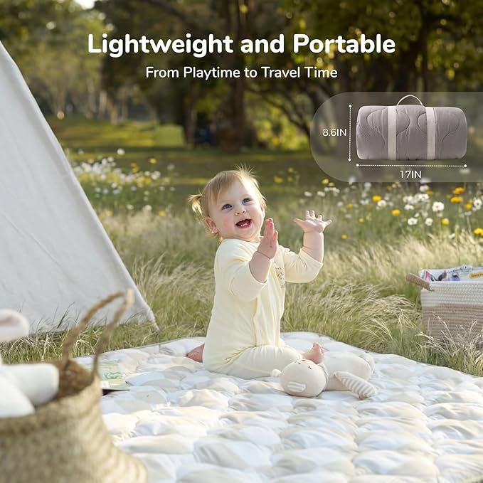 Momcozy Baby Play Mat for Floor, 50x50 Thickened Playpen Mat, Playmate for Baby Tummy Time, Waterproof & Non-Slip, Foldable Outdoor Mat with Carrying Handle, Khaki Plaid