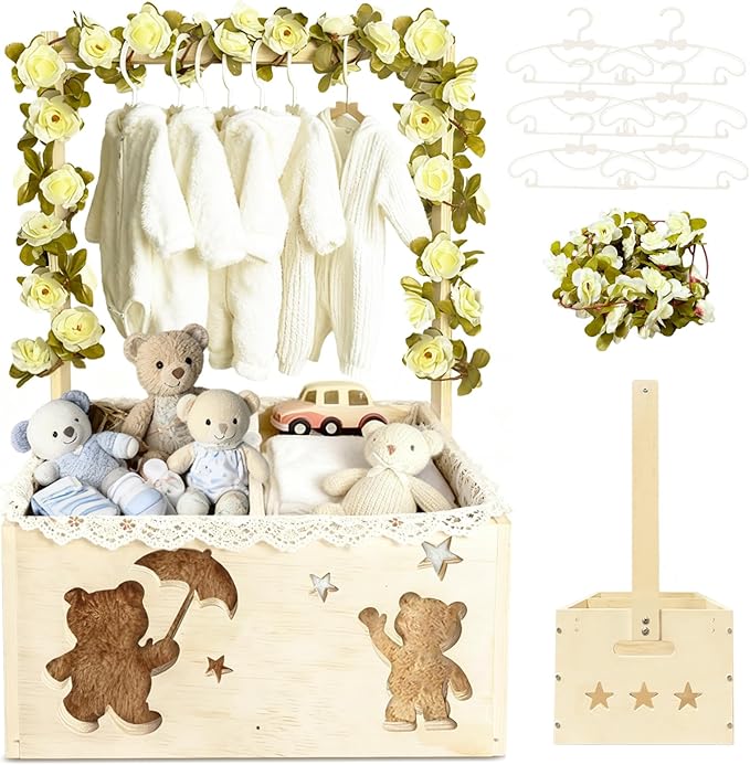 Wooden Baby Shower Crate Closet with Hanger Rack, Baby Shower Basket, 6 Baby Hangers, Removable Divider Board, Greenery Garland, Tools, Nursery Storage Organizer, Boys & Girls