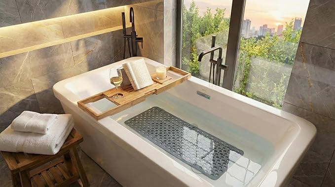 Nonslip Bathtub Mat Extra Soft TPE Bath Mat for Kids, Machine Washable Bathroom Shower Mat (Gray/ 35L x 16W Inch)