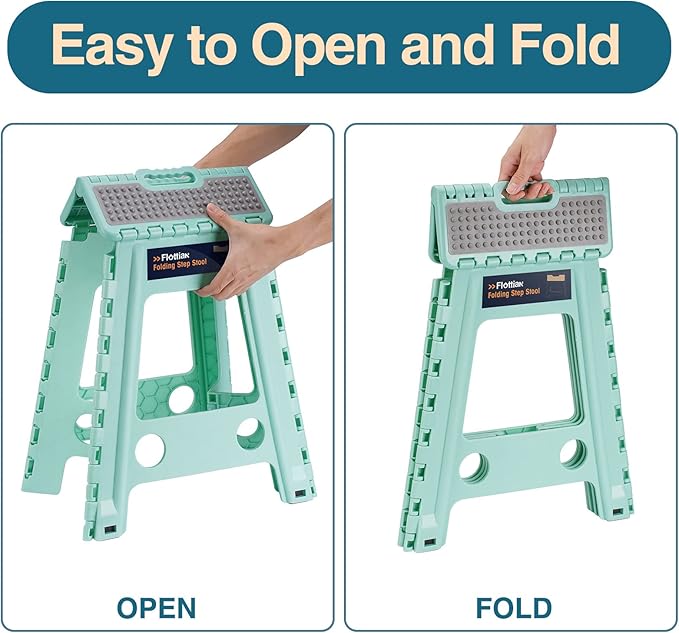 Flottian 18" Folding Step Stool for Adults and Kids Holds Up to 300 lbs,Non-Slip Folding Stools with Handle, Compact Plastic Foldable Step Stool for Bathroom,Bedroom, Kitchen,Teal,1PC