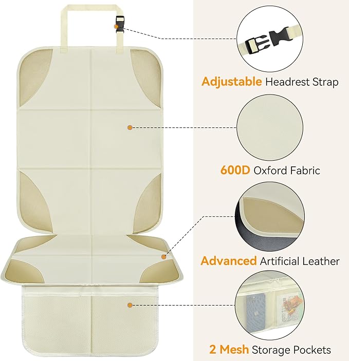 Musclez Baby Car Seat Protectors for Child Car Seat, Baby Car Seat Cover Waterproof 600D Fabric Padding Non-Slip Backing 2 Mesh Pockets, Carseat Protector for Travel Vehicles Baby Pets (White-2pcs)