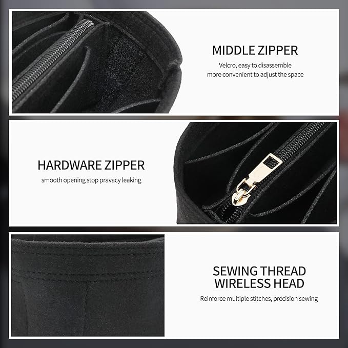 Premium Felt Purse Organizer Insert, 7 Compartments with Removable Zipper Pocket | Small Purse Organizer Fits LV Speedy 20, Noé BB, Mini Ophidia Tote, Groove 20 & More Bag Organizer Insert (Black)