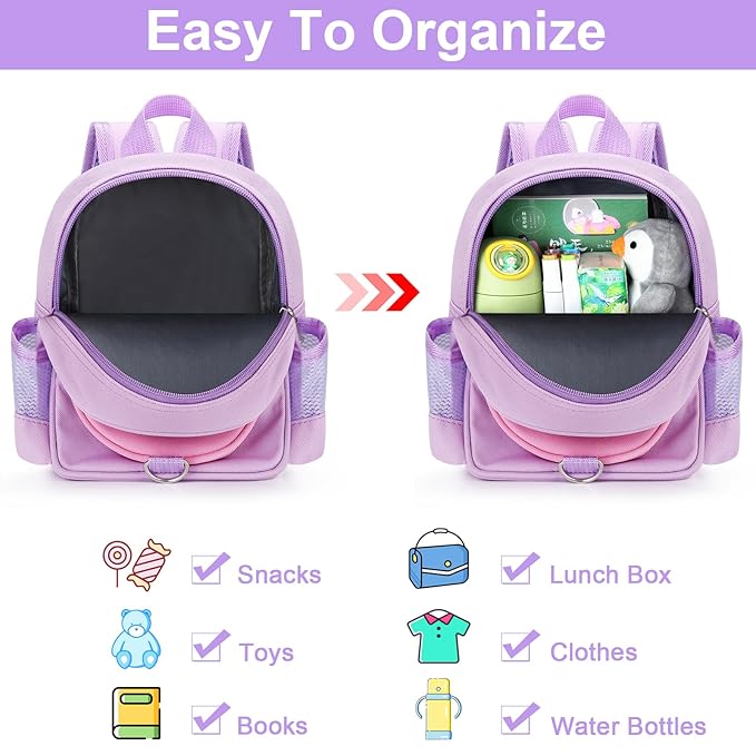 Accmor Toddler Backpack with Leash, 4 in 1 Kid Mini Backpacks with Anti Lost Wrist Link, Cute Child Harness Bag Rein for Outdoor, Peach Back Pack with Strap Tether for Baby Girl Aged 1-3 Years(Purple)