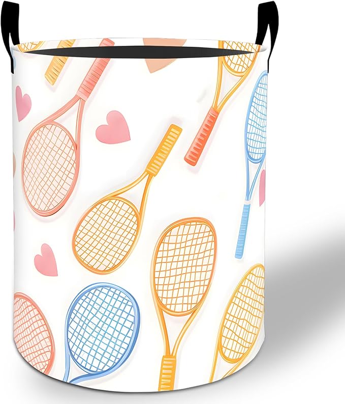 Tennis Laundry Basket Hamper 19.7"x15.8", Sport Racket Foldable Waterproof Oxford Clothes Storage Bucket for Room Bathroom Bedroom Nursery Decor, Toy Organizer Bins Gifts for Kids Boys Girls