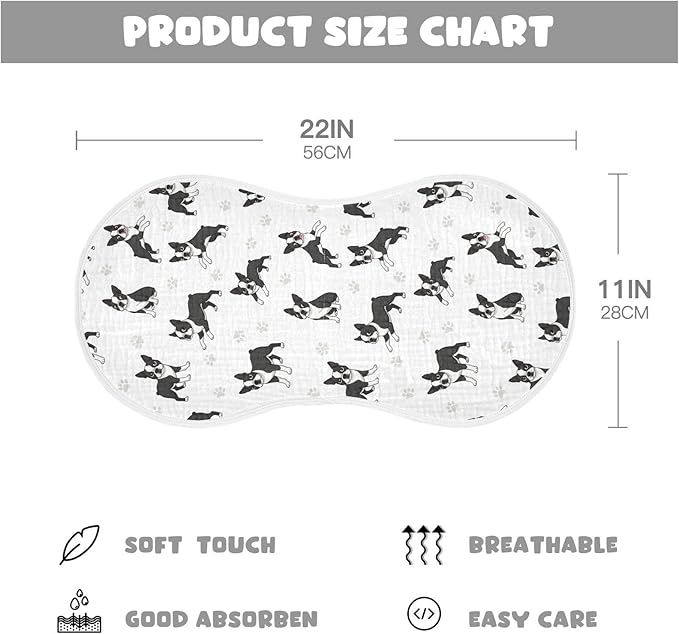 Qinllo 4 Pack Muslin Burp Cloths Boston Dogs Paw White Cotton Baby Burp Cloths Ultra Absorbent Soft Thick Burping Cloth for Newborn Babies 22x11 Inch