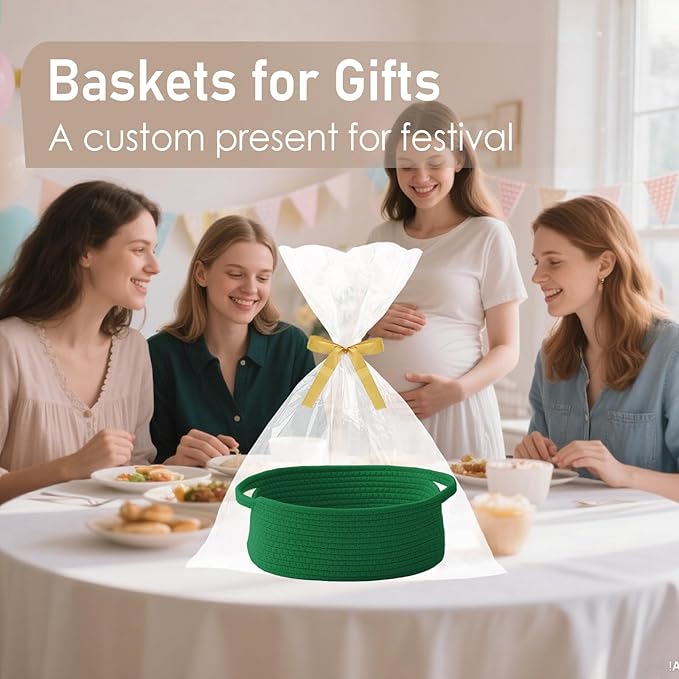 JMvicyroam Woven Basket,Small Rope Storage Bin with Handles & Ribbon Bag, Organizer for Shelves Closets,Gift Basket Empty for Birthday,Books,Dog Toys, Green