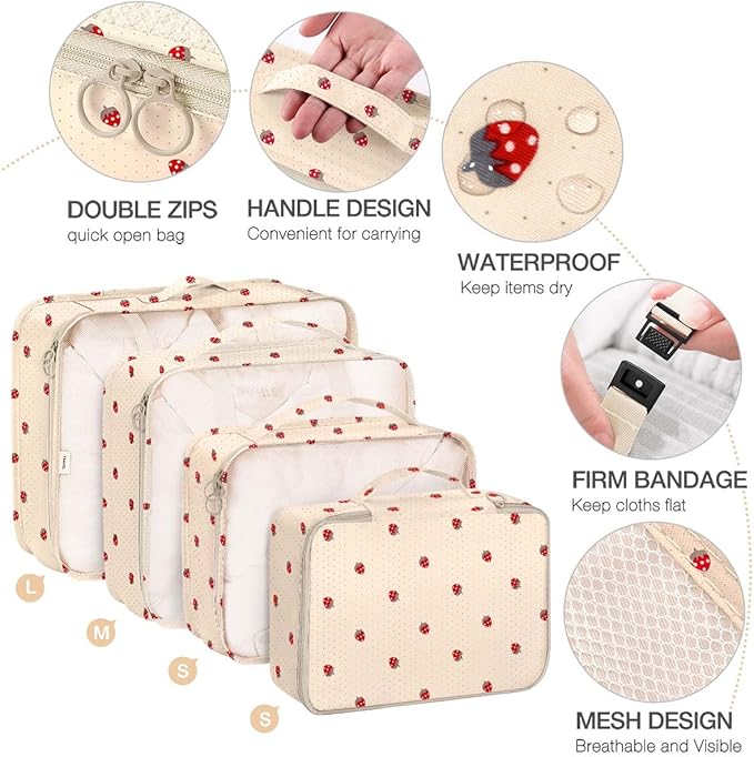 8 Set Packing Cubes for Suitcases,Suitcase Organizer with Shoe,Cosmetics,Clothing, and Accessories Bags for Travel Luggage Organizer Women Men(Beige Small Strawberry)
