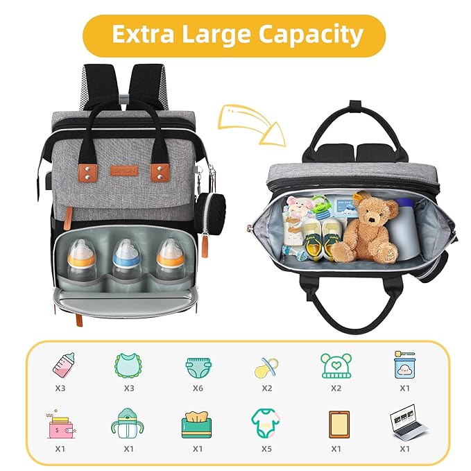 ISMGN Diaper Bag Backpack with Changing Station, Multifunctional Diaper Bag, Extra Large Capacity, Baby Bag, GreyBlack