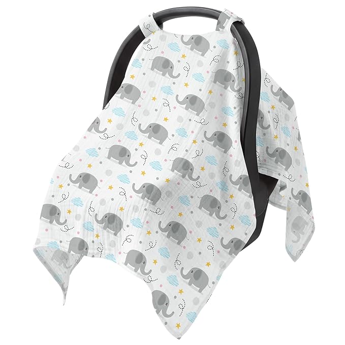 Baby Car Seat Cover - 100% Muslin Cotton Universal Breathable Canopies for Boys and Girls Soft Spring Summer Car Seat Cover Lightweight Infant Car Seat Canopy - Gray Elephants
