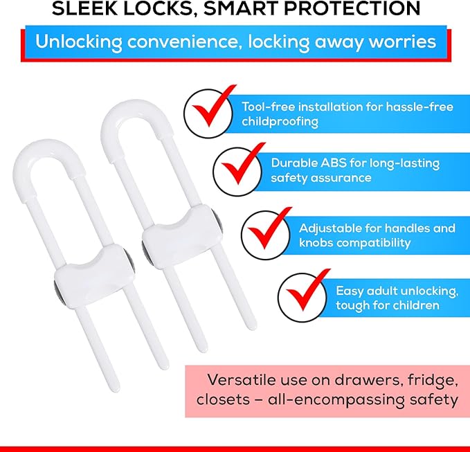 10 PACK Child Proof Cabinet Locks Set, Baby Proofing Adjustable U-Shaped Sliding Locks For Cabinets, Drawers, Closets, Cupboard Handles And Door Knobs. Easy to Use Perfect For Baby Safety (White)