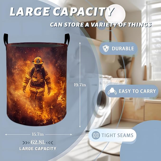 Brave Firefighter Walking Through Flames Laundry Basket with Handles, 19.7"x15.7" Clothes Foldable Laundry Hamper Organizer for Dorm Nursery Bedroom Bathroom Decor, Toy Storage Bin for Kids