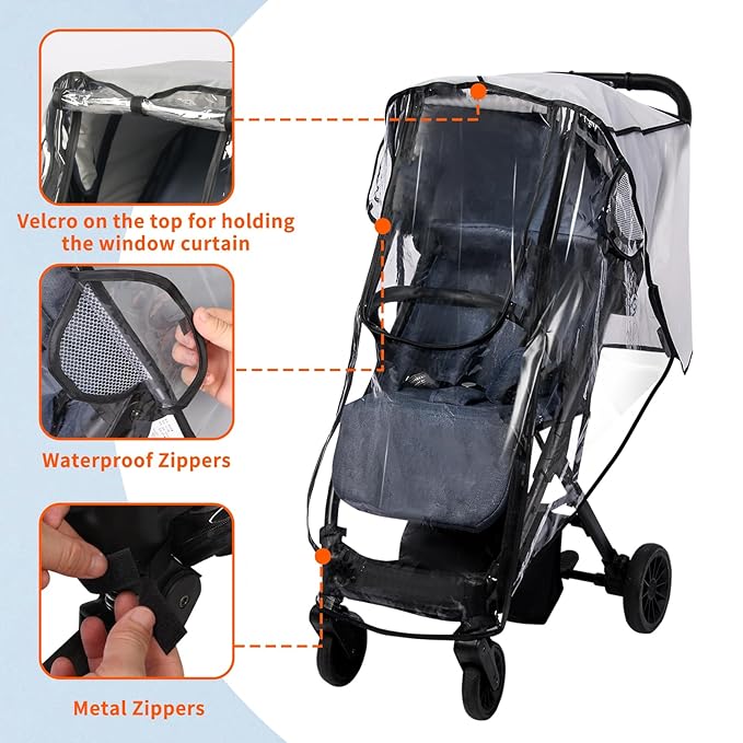 Stroller Rain Cover, Universal Clear Breathable Weather Shield with Waterproof 2-Way Zippers Open, 4 Seasons Protection for Baby from Rain, Wind, Snow (Two Ways Open on Front)