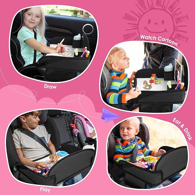 Kids Travel Tray for Toddler Car Seat, Lap Tray for Girl Activities with Dry Erase Board & Cooler Cup Holder, Road Trip Essentials Accessories with No-Drop Large Tablet iPad Holder Stand,2Pc Black