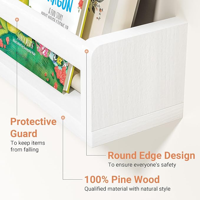 Heimlove Nursery Floating Shelves, Solid Wood Nursery Book Shelves for Wall, 16 inch Bookshelf for Kids, Wall Mounted Shelves for Books,Toys and Decor Storage, Set of 2 (White)