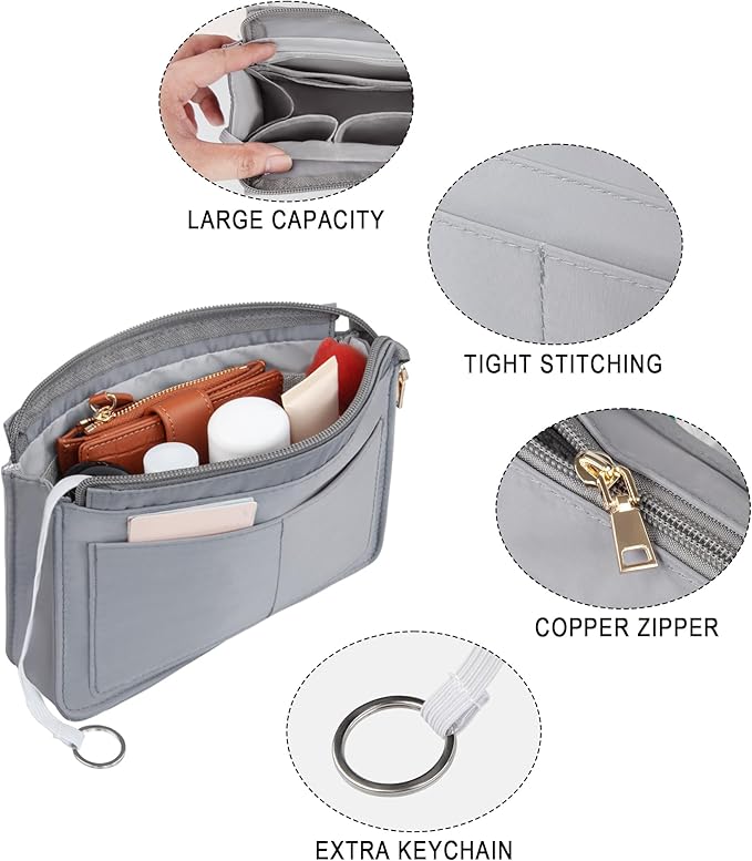 Vercord Purse Organizer Insert with Zipper for Women Hobo Handbags Shaper Insert 12 Pockets Bag Grey Small